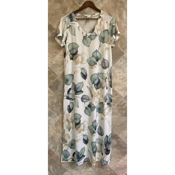 NoraCora Maxi Shirt Dress Women’s‎ Sz M White Floral V-Neck Short Sleeve - Picture 2 of 12